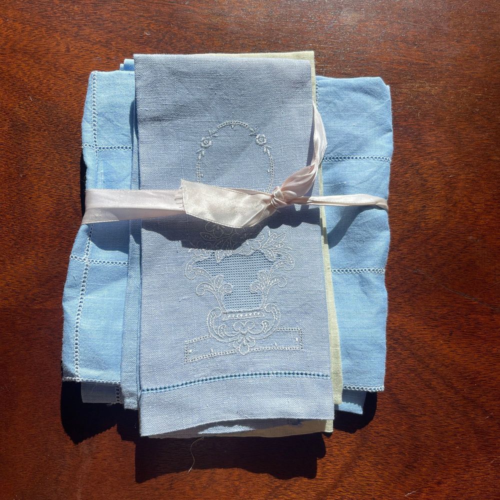 LOT of 3 Vintage Organza Linen Pale Blue Tea Towel & Tablecloth